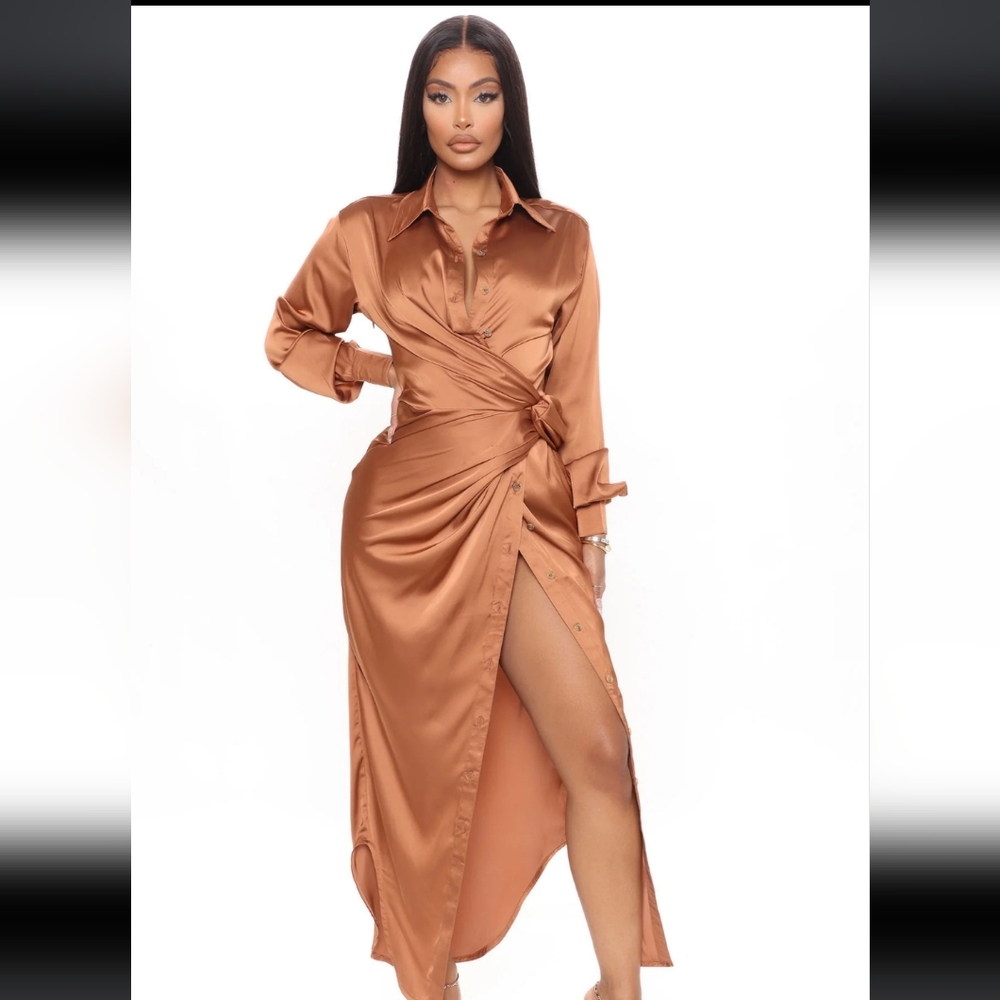 FN Gabriella Satin Maxi Shirt Dress